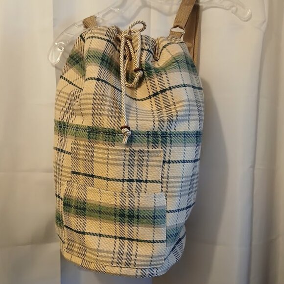 New Plaid Retro Tote Double handle Bucket Backpack Tote Bag Ivory Green School - Picture 1 of 11